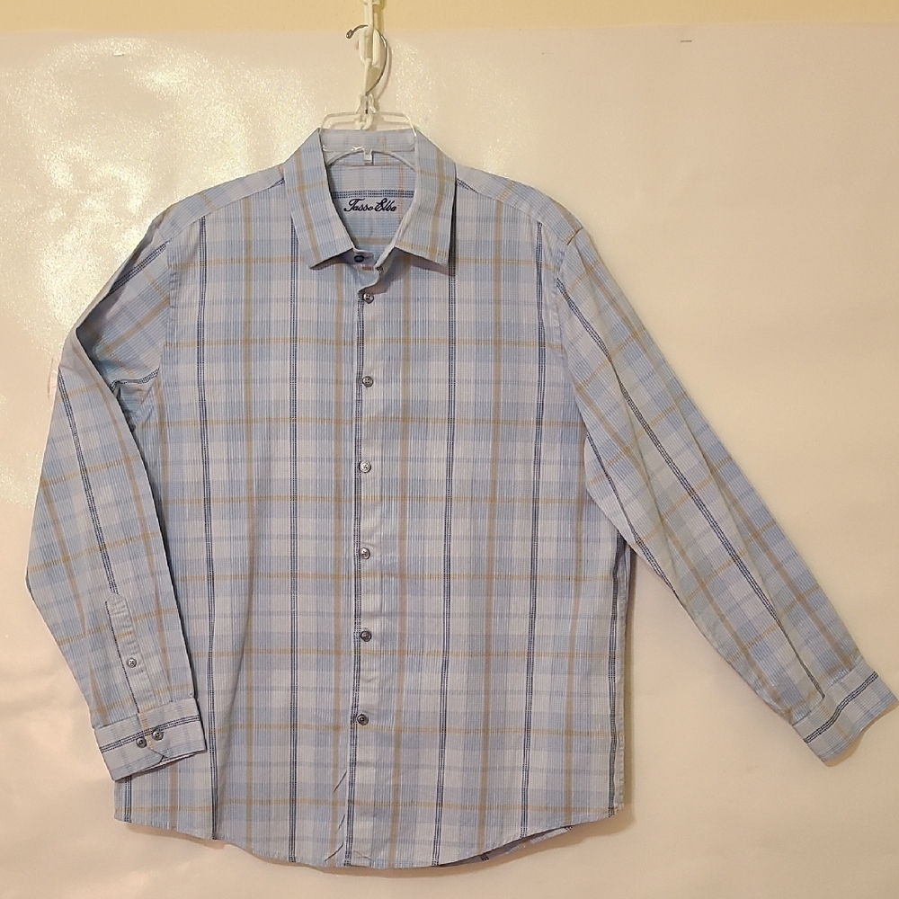 Tasso Elba Men's Blue Plaid Long Sleeve 100% Cotton Shirt -‎ Size X-Large